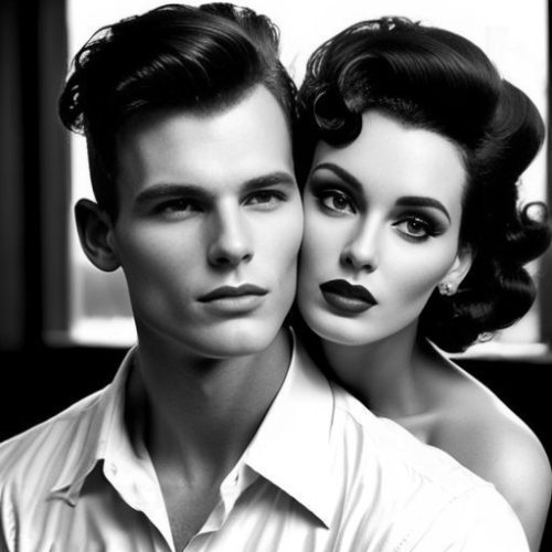 03987-2037055114-(dark shot_1.4), 80mm, black and white, a man kissing a woman , rockabilly hair, good definition of cheekbones, style of ian hub